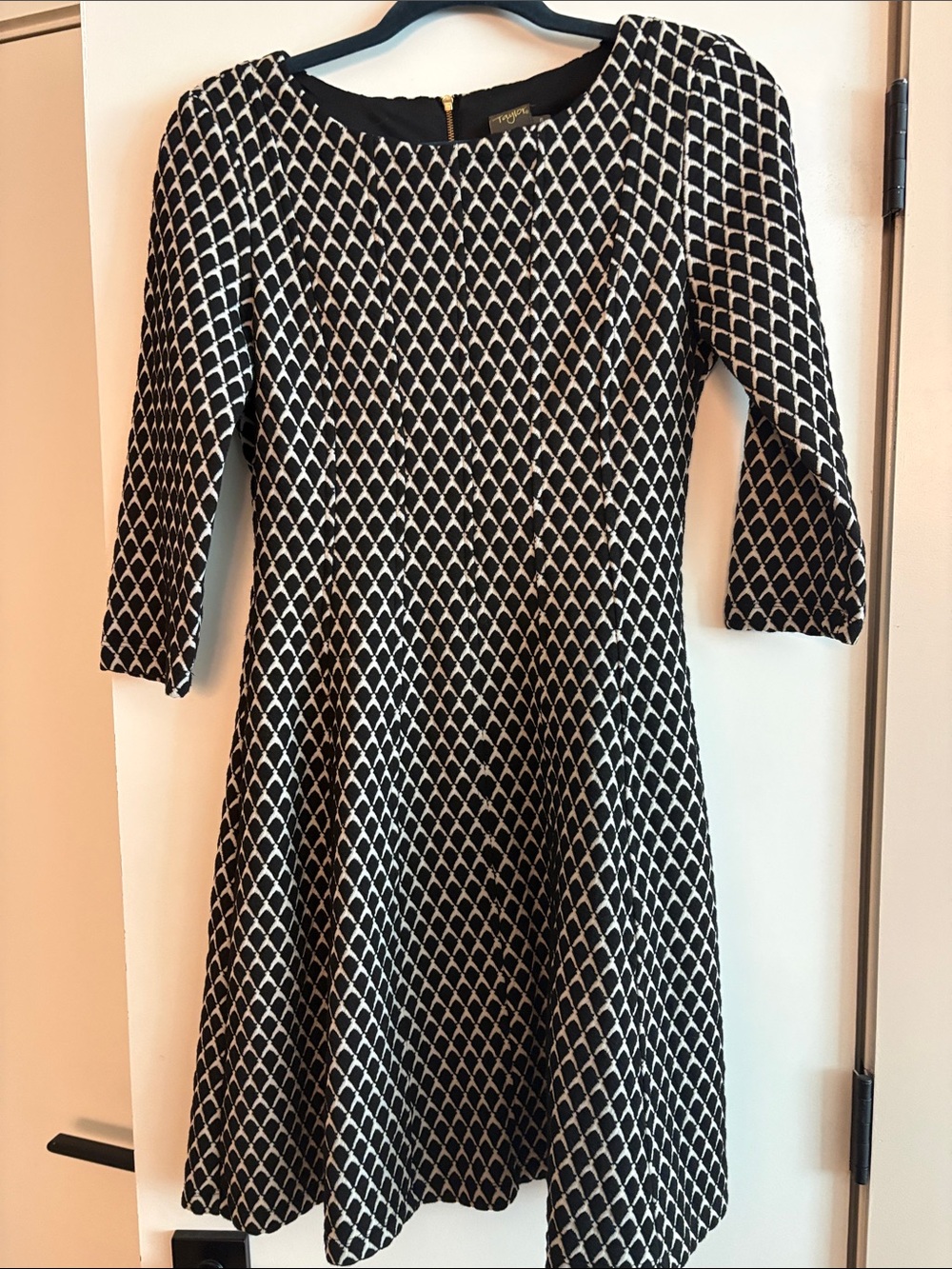 Lord and Taylor Black and Cream Geometric Fit-and-Flare Dress